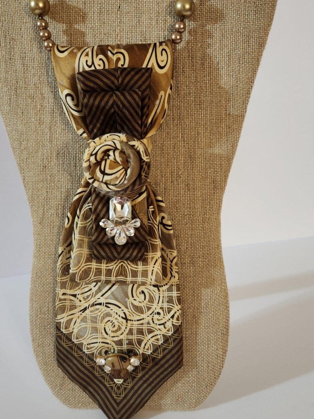 Hand Crafted Necktie Necklace with Rhinestone Accents Brown Beige Pearl Necklace - Picture 8 of 8